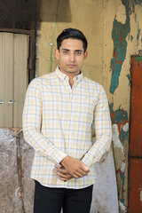 Yellow Slim Fit Textured Cotton Check Shirt