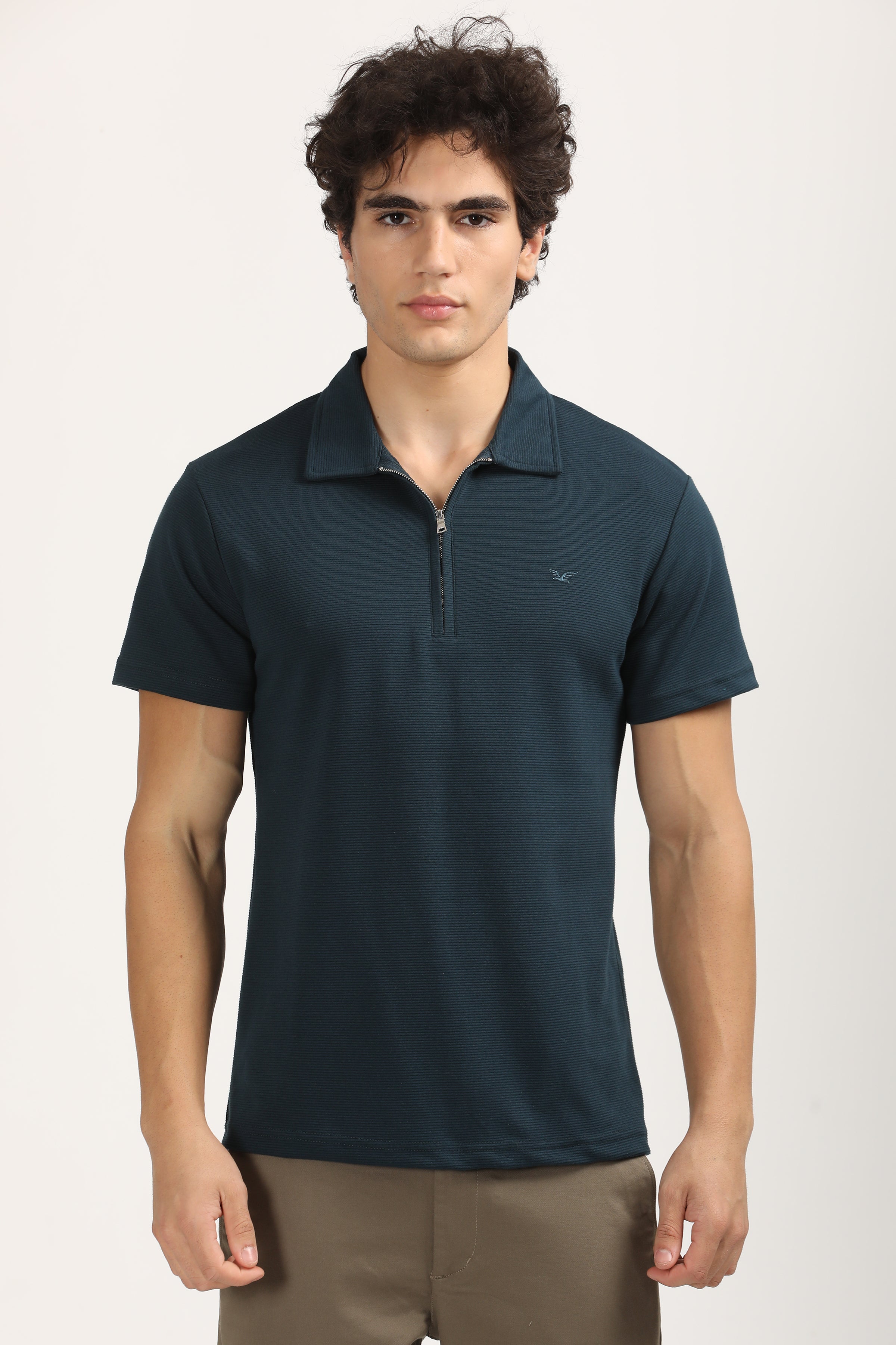 Slim Fit Zip-Up Textured Polo