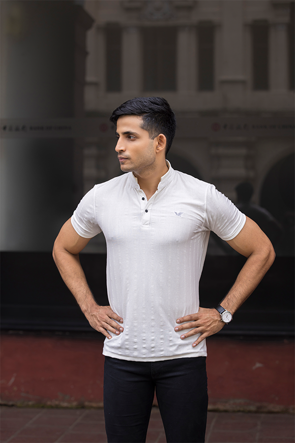 Solid Mandarin Collar White T-Shirt