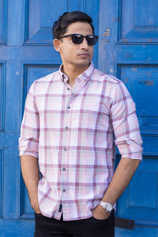 Pink Slim-Fit Checkered Cotton Shirt